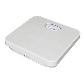 Lindoni white analogue bathroom scale on a white background