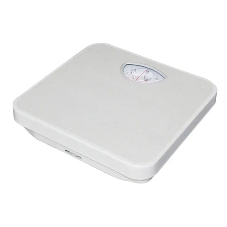 Lindoni white analogue bathroom scale on a white background