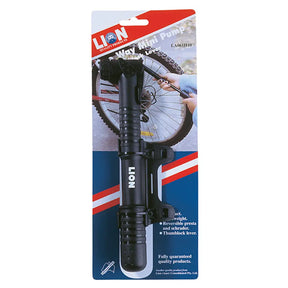 Bicycle pump in packaging with Lion branding on a white background