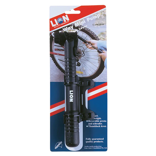 Bicycle pump in packaging with Lion branding on a white background