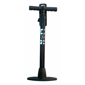 Black floor pump with brand logo on a white background