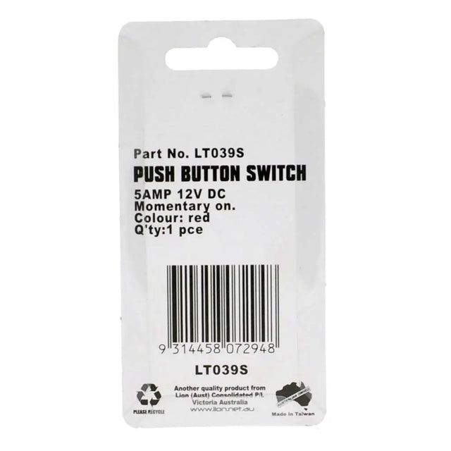 Push button switch packaging with label details on a white background
