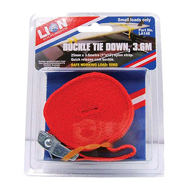 Buckle tie down with packaging displaying Lion brand and product details.