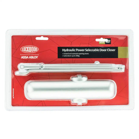 Lockheed hydraulic power selectable door closer packaging on a white background