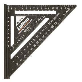 Black Lufkin speed square ruler with measurement markings on a white background