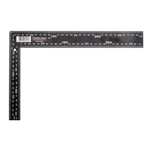 Black carpenter's square with measurement markings on a white background