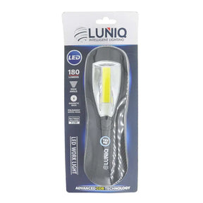 LUNIQ LED work light in packaging on a white background
