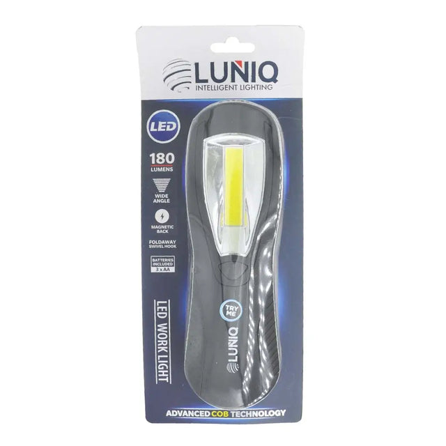 LUNIQ LED work light in packaging on a white background