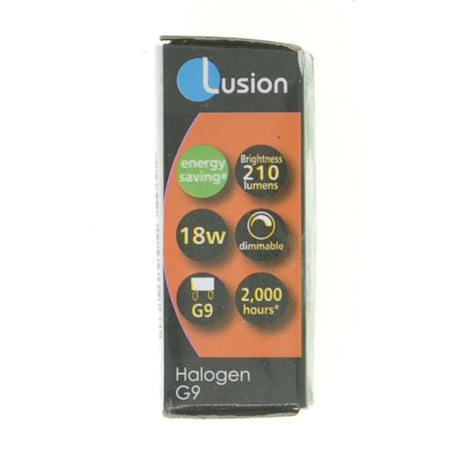 Lusion brand packaging of halogen G9 light bulbs on a white background