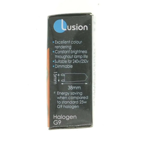 Lusion halogen G9 light bulb packaging on a white background