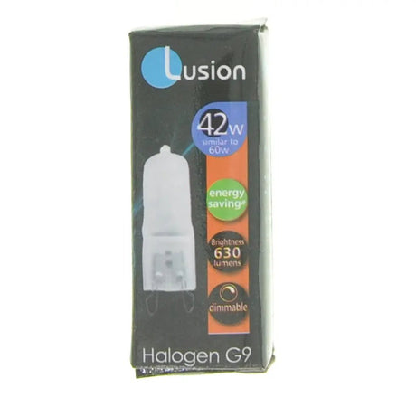 Lusion halogen G9 light bulb packaging on a white background