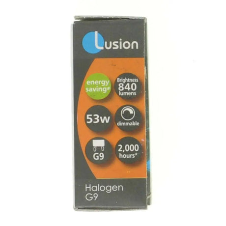 Lusion halogen G9 light bulb packaging on a white background