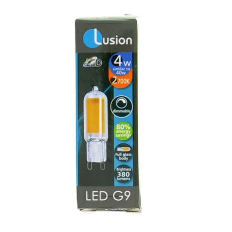 Lusion LED G9 bulb packaging on a white background