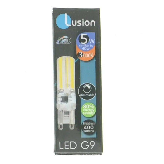 Lusion LED G9 bulb packaging on a white background
