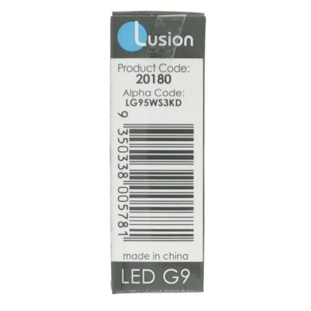 Lusion LED G9 packaging with product code and barcode on a white background