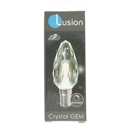 Lusion Crystal Gem LED light bulb packaging on a white background