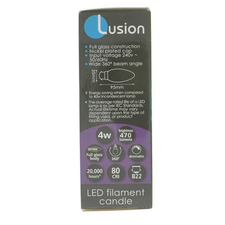Lusion LED filament candle packaging on a white background