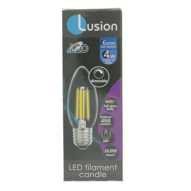 Lusion LED filament candle packaging on a white background