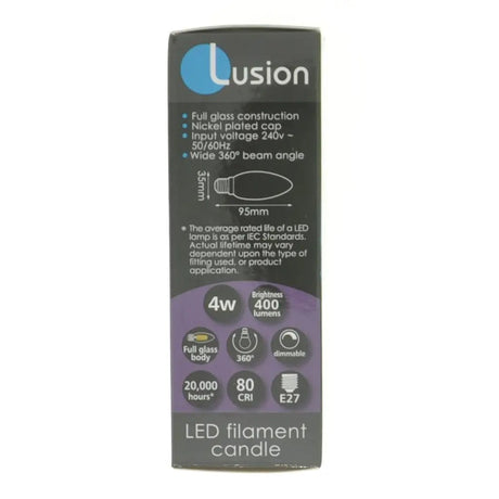 Lusion LED filament candle packaging on a white background