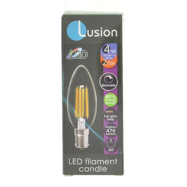 Lusion LED filament candle packaging on a white background