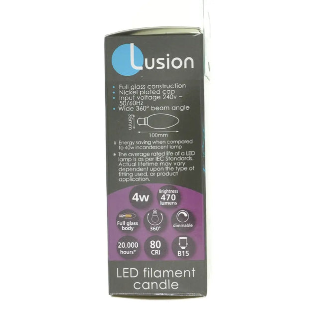Lusion LED filament candle packaging on a white background