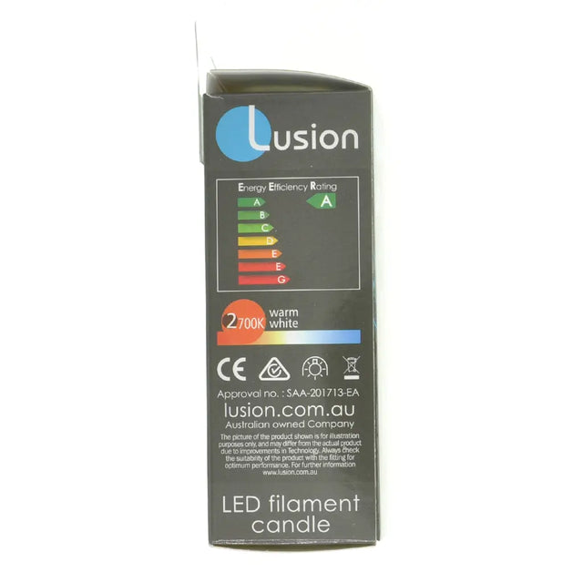 Lusion LED filament candle packaging on a white background