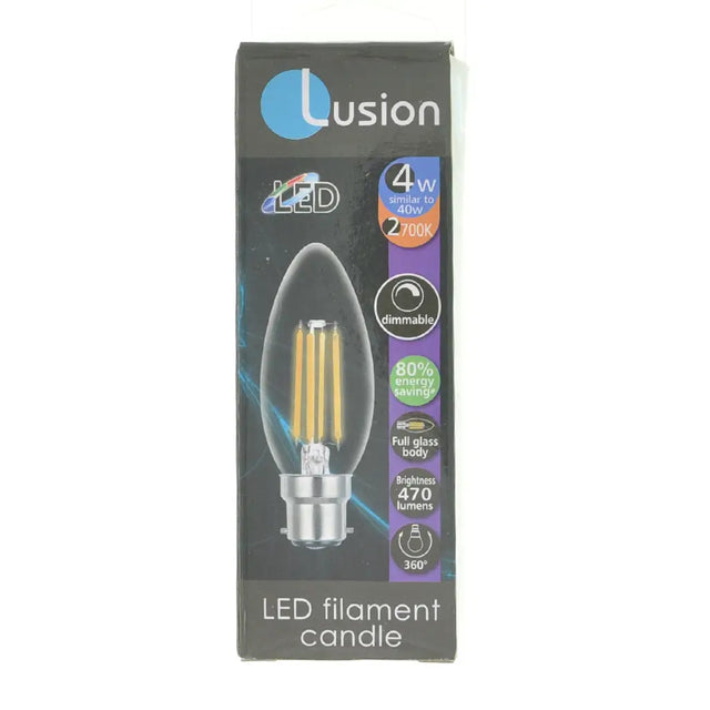 Lusion LED filament candle packaging on a white background