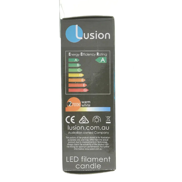 Lusion LED filament candle packaging with energy efficiency rating on a white background