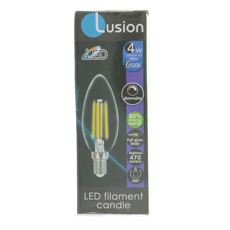 Lusion LED filament candle packaging on a white background