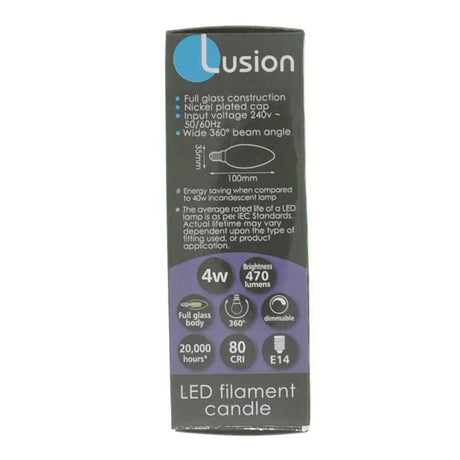 Lusion LED filament candle packaging on a white background