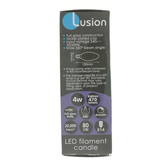 Lusion LED filament candle packaging on a white background