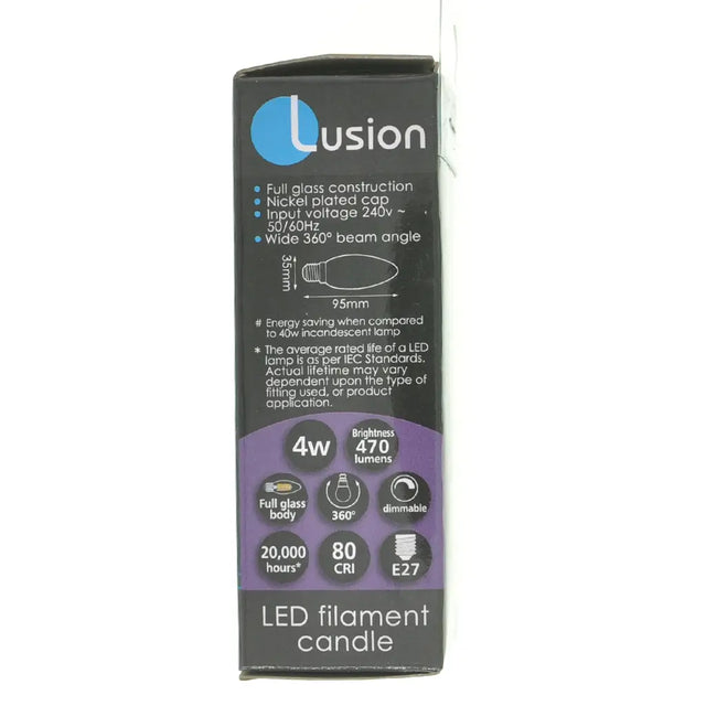 Lusion LED filament candle packaging with specifications on a white background