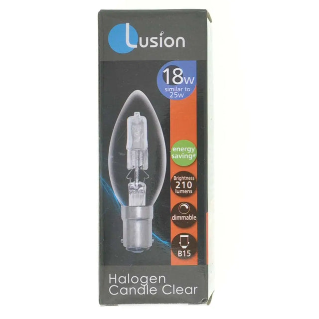 Lusion halogen candle clear light bulb packaging on a white background