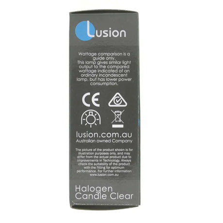 Lusion brand packaging for halogen candle clear product on a white background