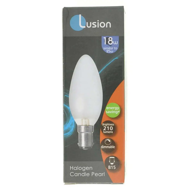 Lusion halogen candle pearl light bulb packaging on a white background