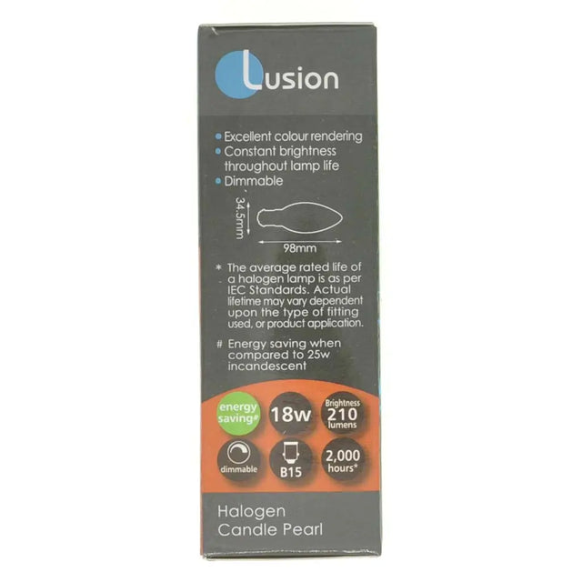 Lusion halogen candle pearl packaging with product details on a white background