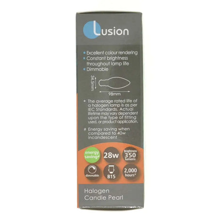 Lusion halogen candle pearl packaging with product details on a white background