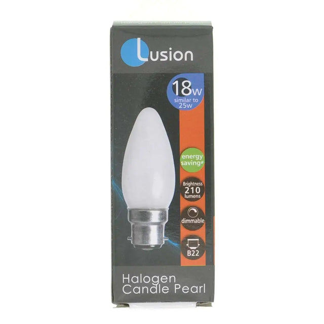 Lusion halogen candle pearl light bulb packaging on a white background