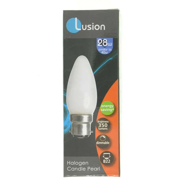 Lusion halogen candle pearl light bulb packaging on a white background