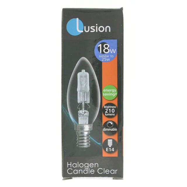 Lusion halogen candle clear light bulb packaging on a white background