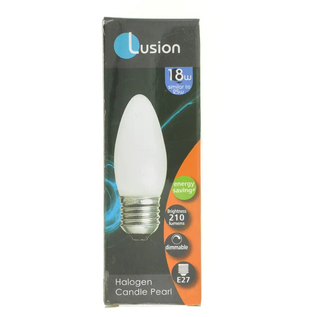 Lusion halogen candle pearl light bulb packaging on a white background