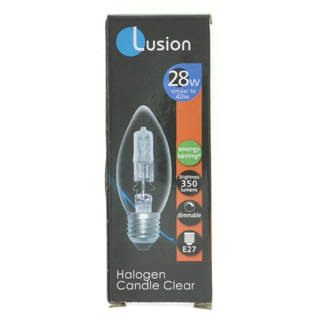 Lusion halogen candle clear light bulb packaging on a white background