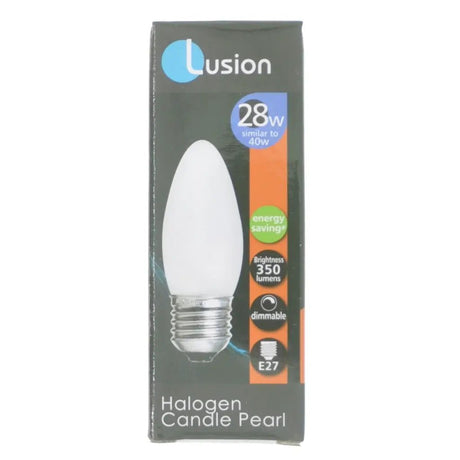 Lusion halogen candle pearl light bulb packaging on a white background