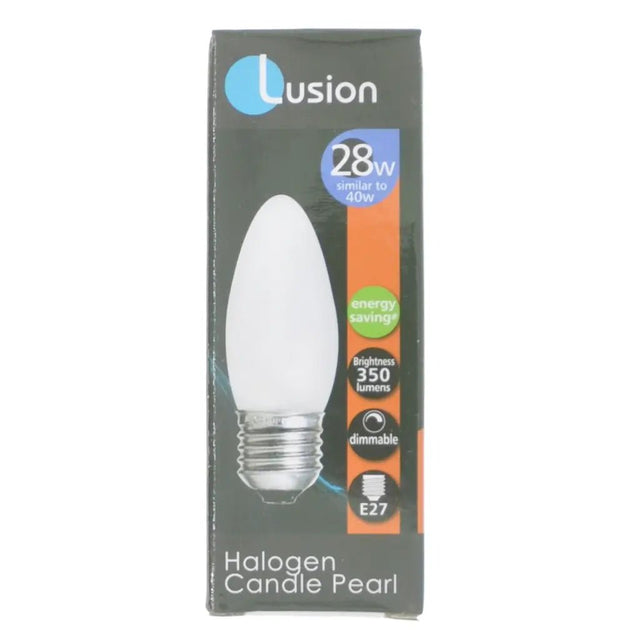 Lusion halogen candle pearl light bulb packaging on a white background
