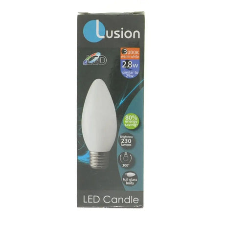 Lusion LED candle bulb packaging on a white background