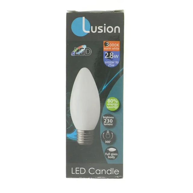 Lusion LED candle bulb packaging on a white background