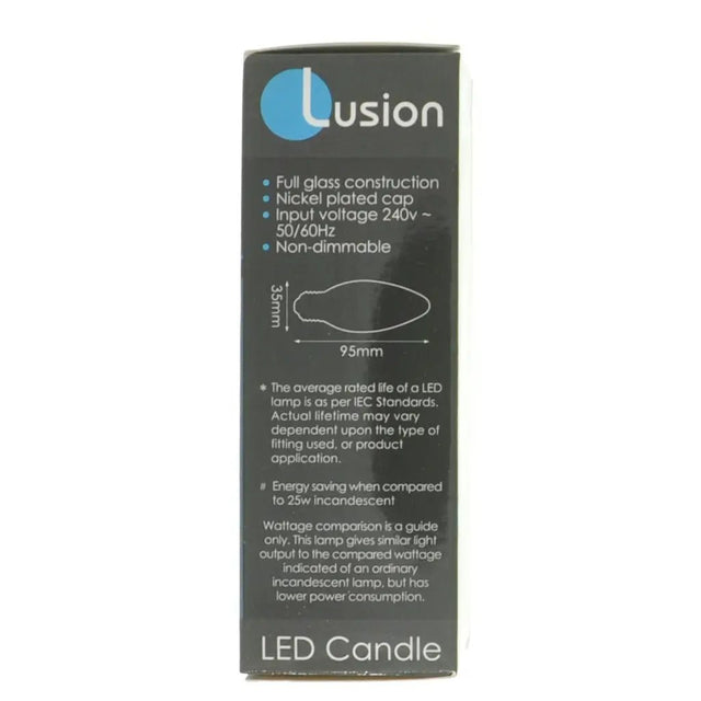 Lusion LED candle packaging with specifications on a white background