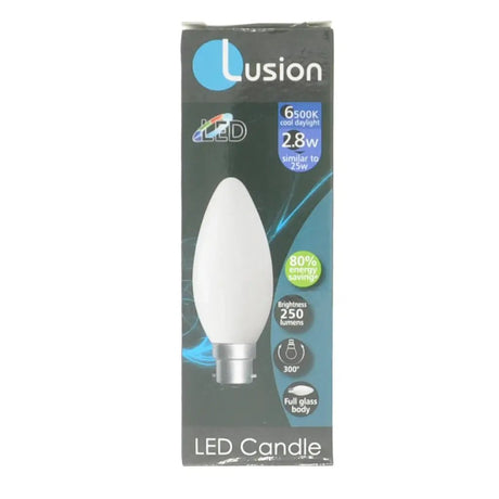 Lusion LED candle bulb packaging on a white background