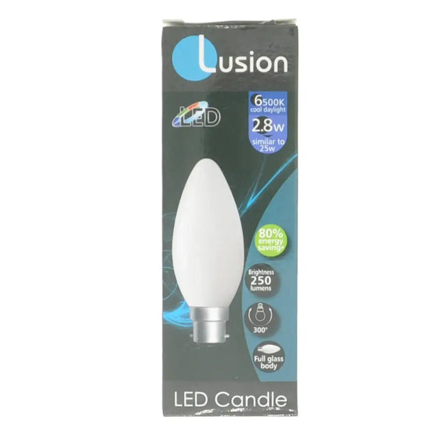 Lusion LED candle bulb packaging on a white background