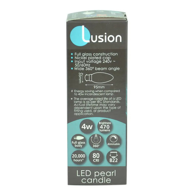 Lusion LED pearl candle packaging with specifications on a white background